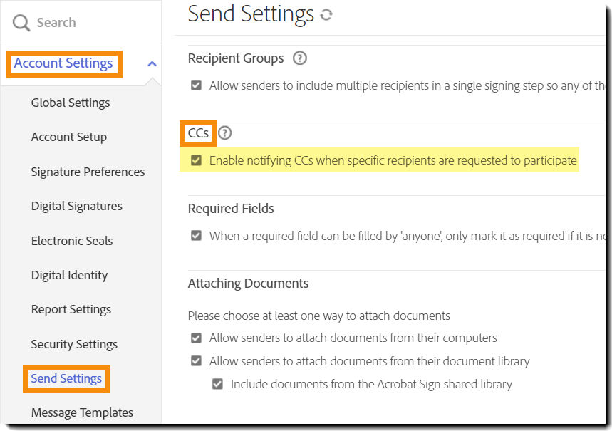 The "Send Settings" admin menu highlighting the "CCs" controls.