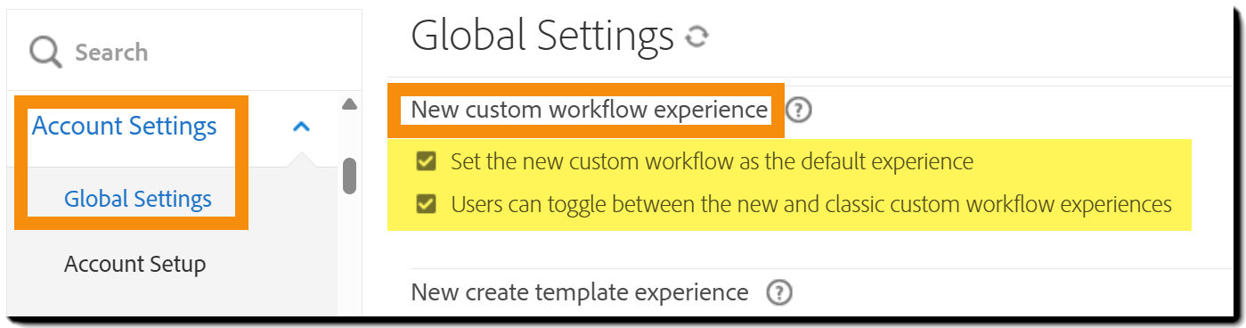 The "New custom workflow experience" controls on the Global Settings page