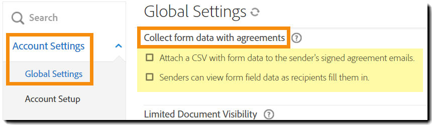 "Global Settings" admin menu highlighting the "Collect Form Data for Agreements" settings.