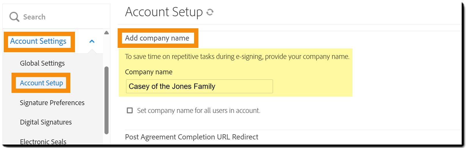 The Account Setup page with the cokmapny Name highlighted
