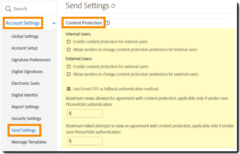 The Send Settings page with the Content Protection controls highlighted