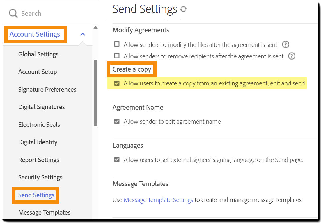 The Send Settings admin menu highlighting the "Create a copy" controls
