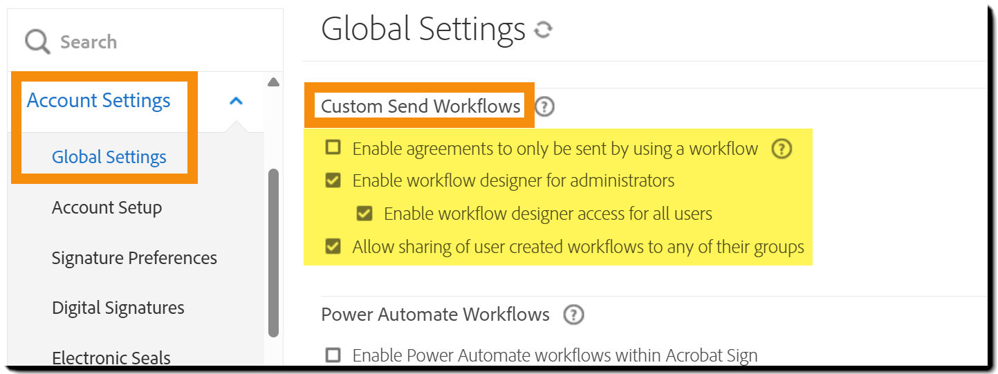 The Send Settings page with the Custom Workflow Controls highlighted