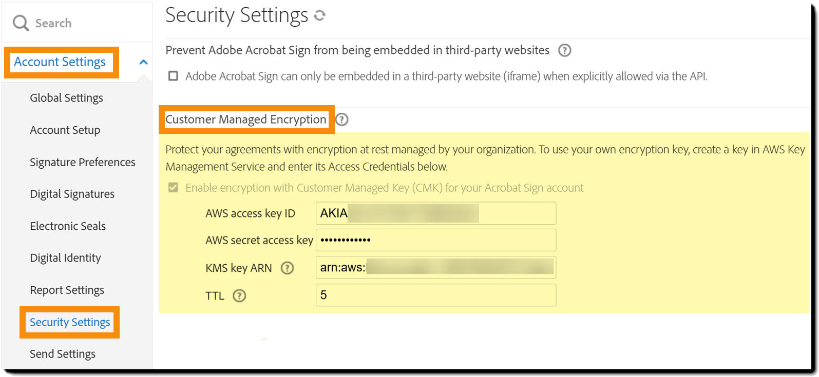Security Settings page in Acrobat Sign with the Customer Managed Encryption section highlighted, showing fields for AWS access key ID, secret access key, KMS key ARN, and TTL with sample values entered.