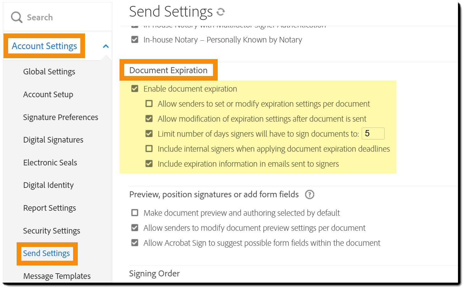 The Document Expiration controls on the Send Settings menu.