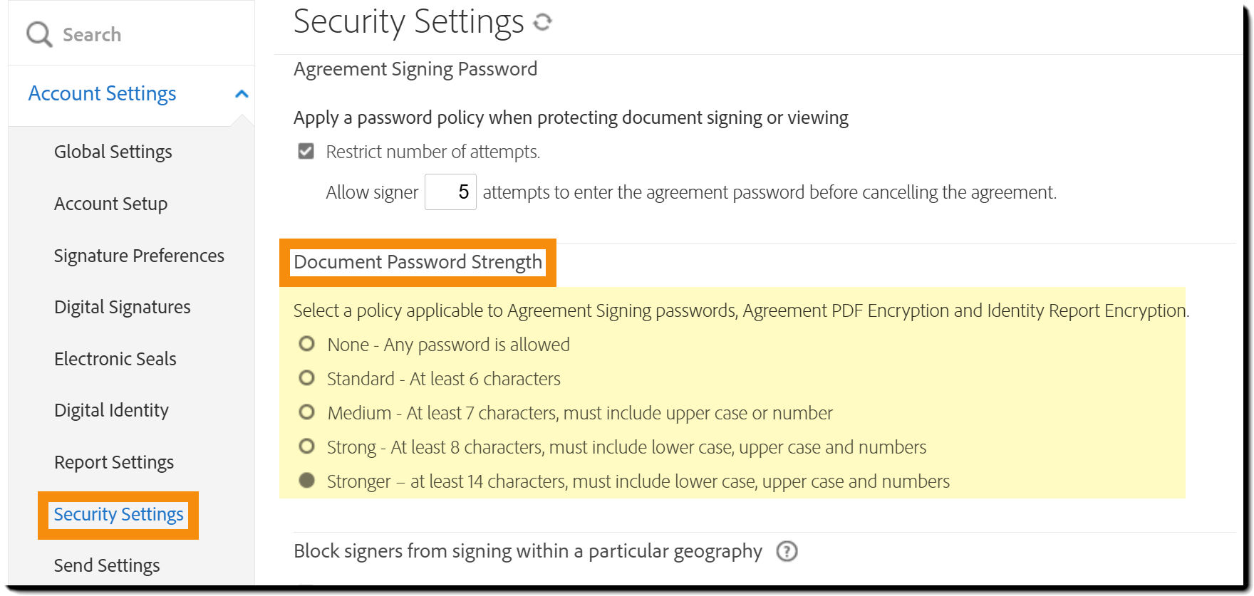 The Security Settings admin menu highlighting the Document Password Strength controls.