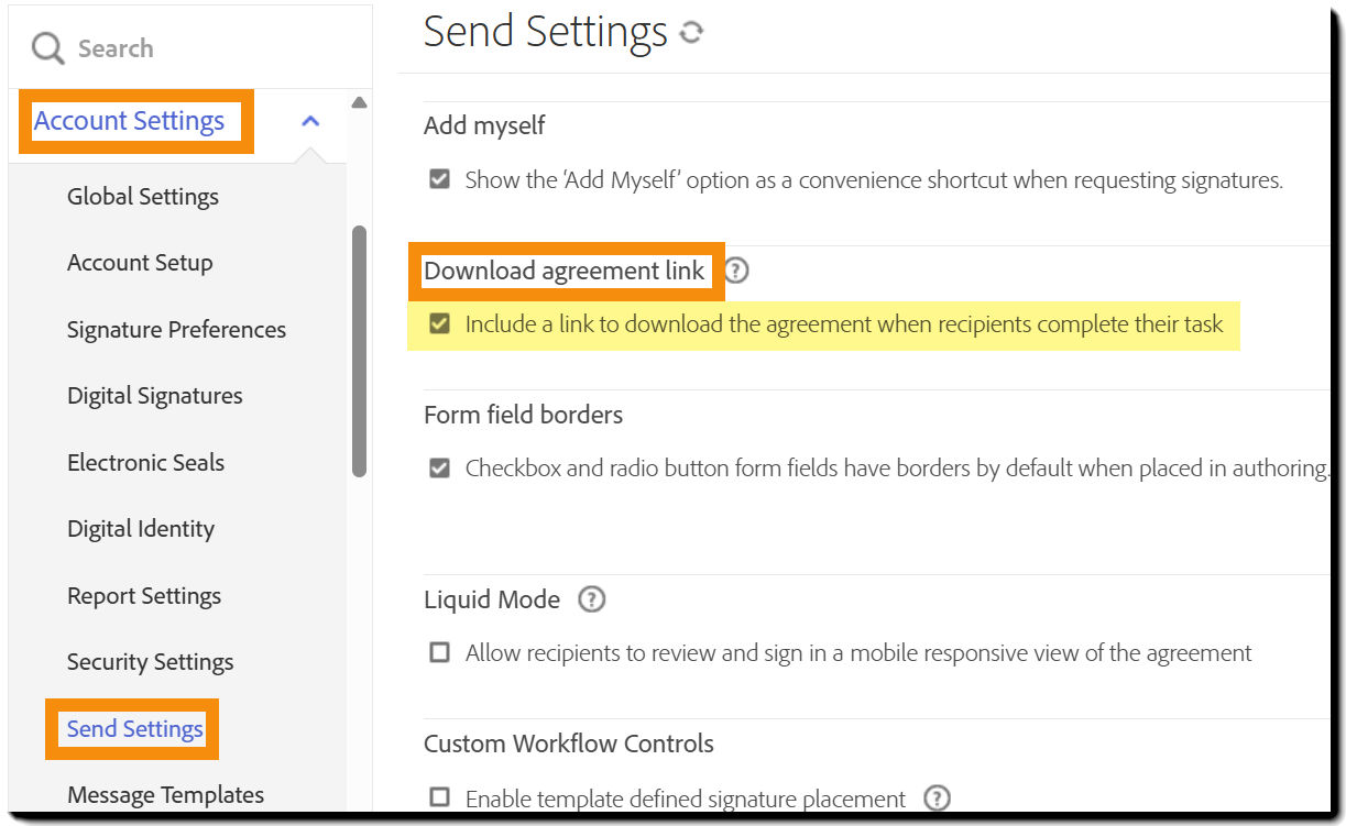 The Send Settings menu highlighting the "Download agreement link" controls