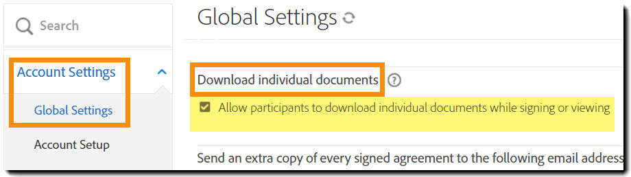 The Global Settings page highlighting the "Download individual documents" feature.