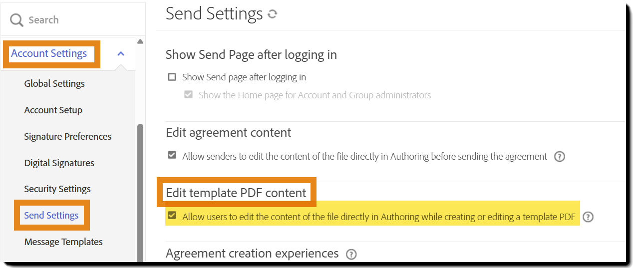 Send Settings page showing the Edit template PDF content control enabled.