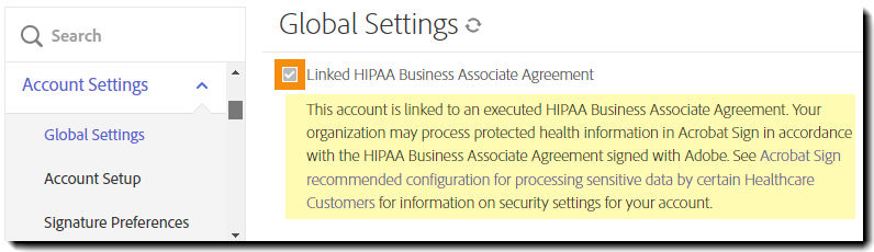 Global Settings admin menu highlighting the enabled "Healthcare Customer" settings