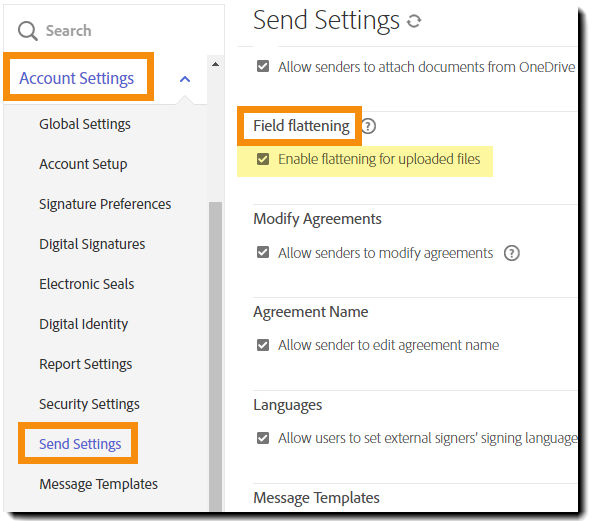 The Send Settings page highlighting the Feild flattening controls