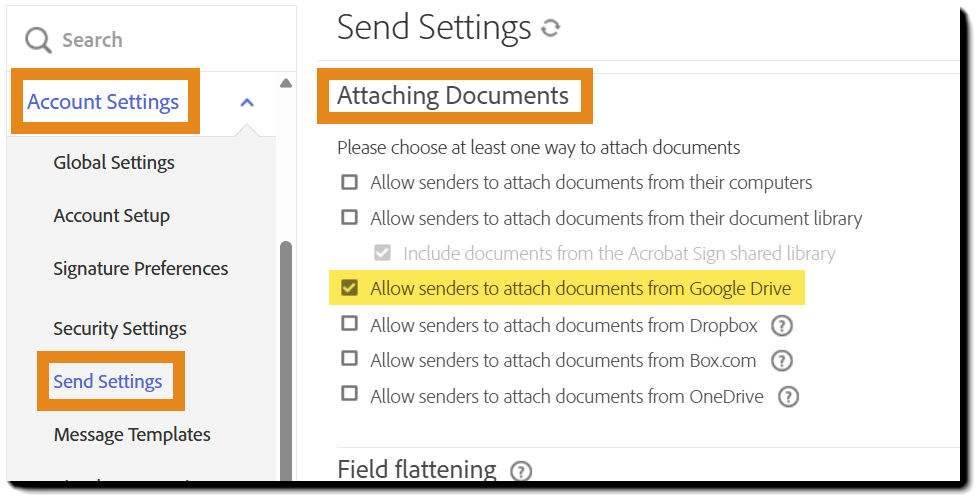 The Send Settings menu with Google Drive highlighted