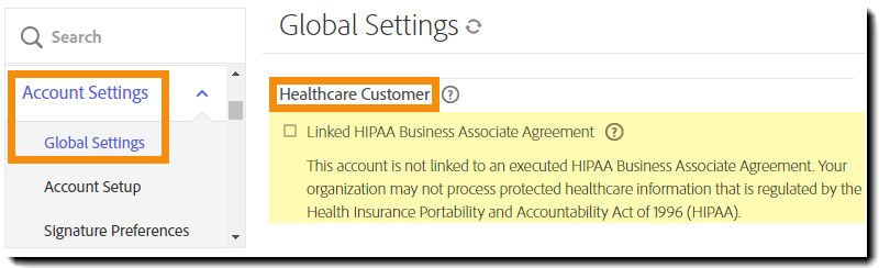 Global Settings admin menu highlighting the disabled "Healthcare Customer" settings