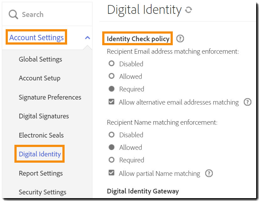 The Digital Identity tab highlighting the Identity Check policy controls.