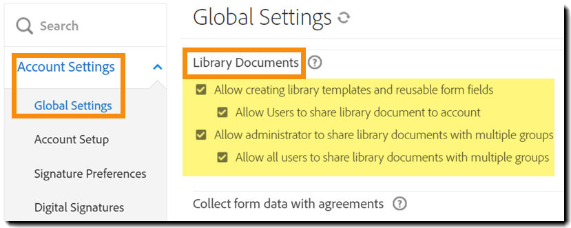 The Global Settings menu with the Library Documents controls highlighted