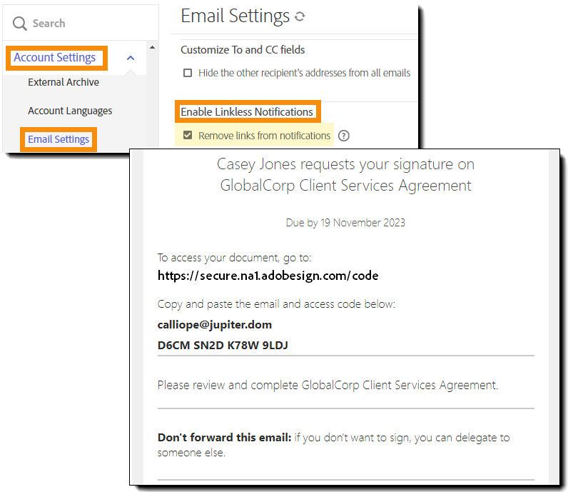 Email Settings page with the Enable Linkless Notifications controls highlighted