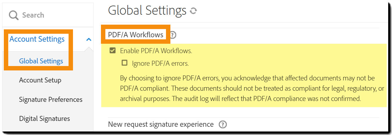 The Global Settings page highlighting the PDF/A Workflows controls.