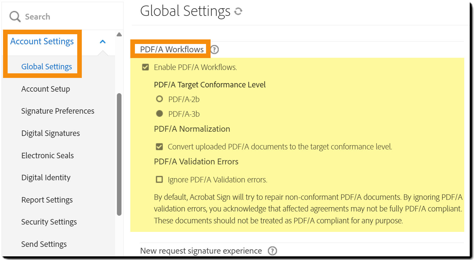 The Global Settings page highlighting the PDF/A Workflows controls.
