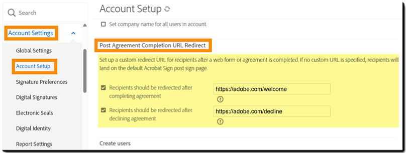 Post Agreement Completion URL Redirect controls on the Account Setup page