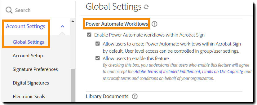 The Global Settings admin page highlighting the Power Automate Workflows controls.