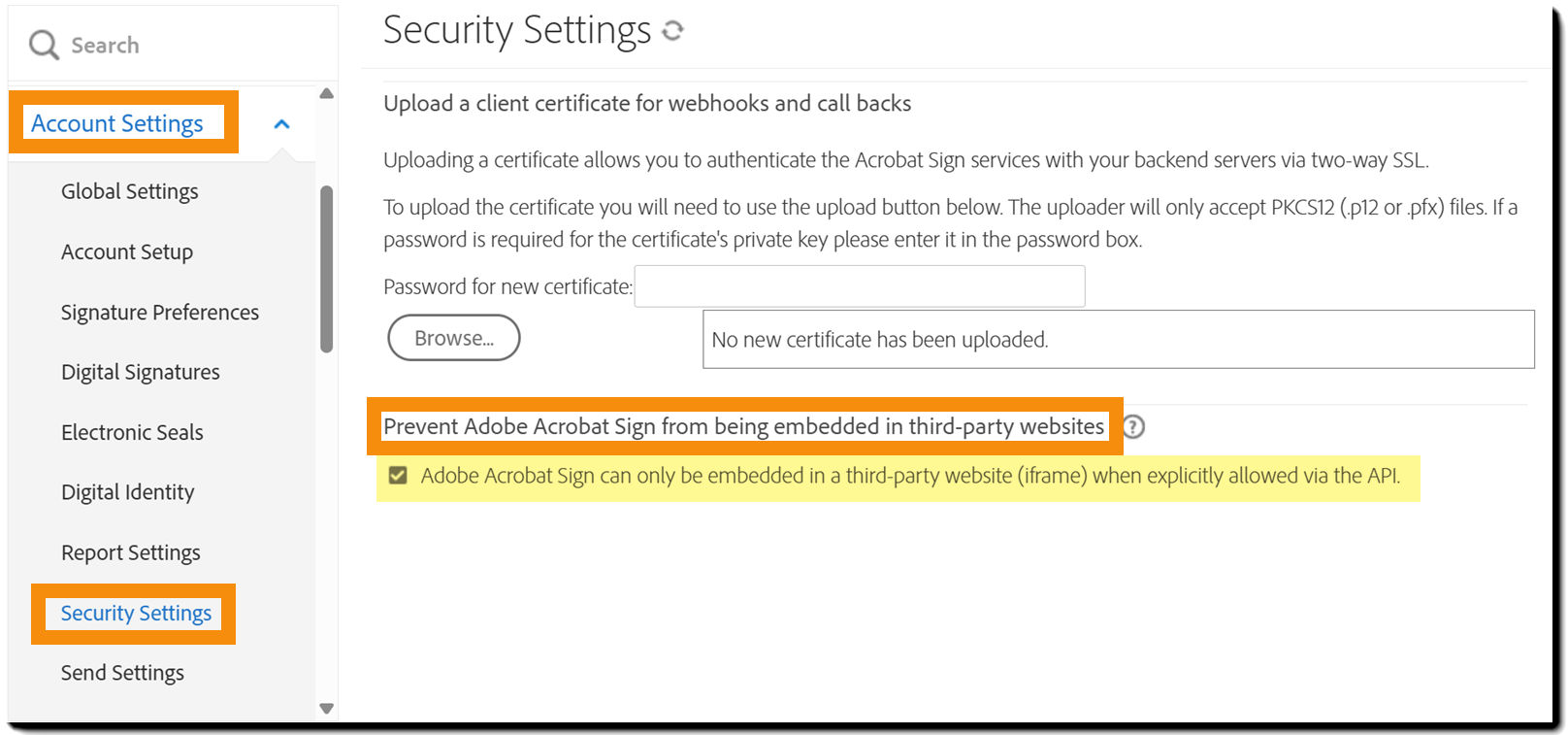 The Security Settings Admin page highlighting the "Prevent Adobe Acrobat Sign from being embedded in third-party websites" controls.