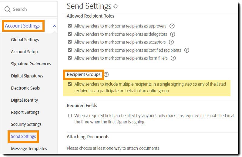 the Send Settings admin menu with the Recipient Group controls highlighted