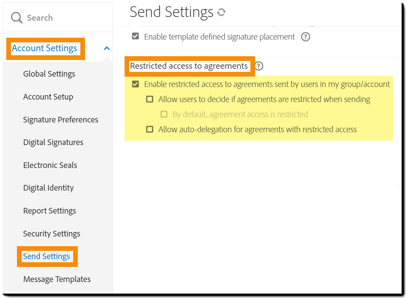 The Admin "Send Settings" menu highlighting the Recipient Agreement Access controls