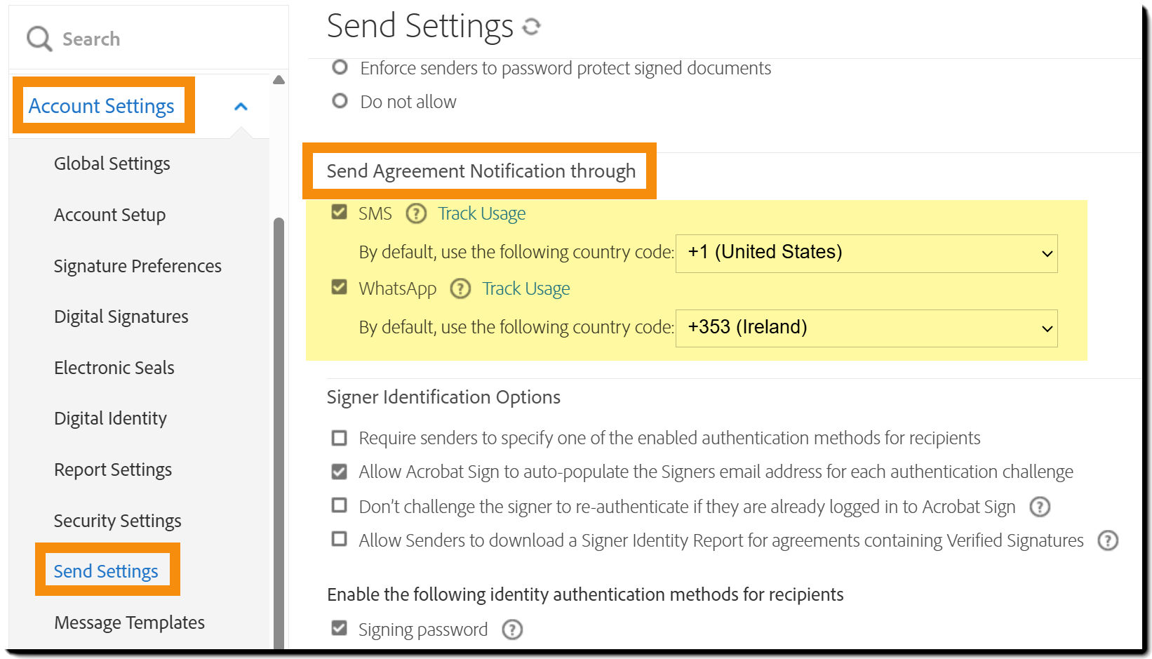 The Send Settings admin menu highlighting the "Send Agreement Notification through" controls