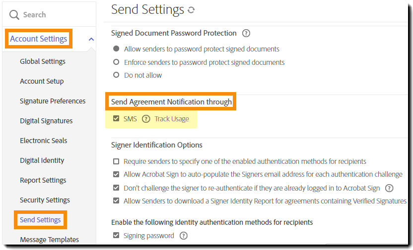 The Send Settings admin menu highlighting the "Send Agreement Notification through" controls