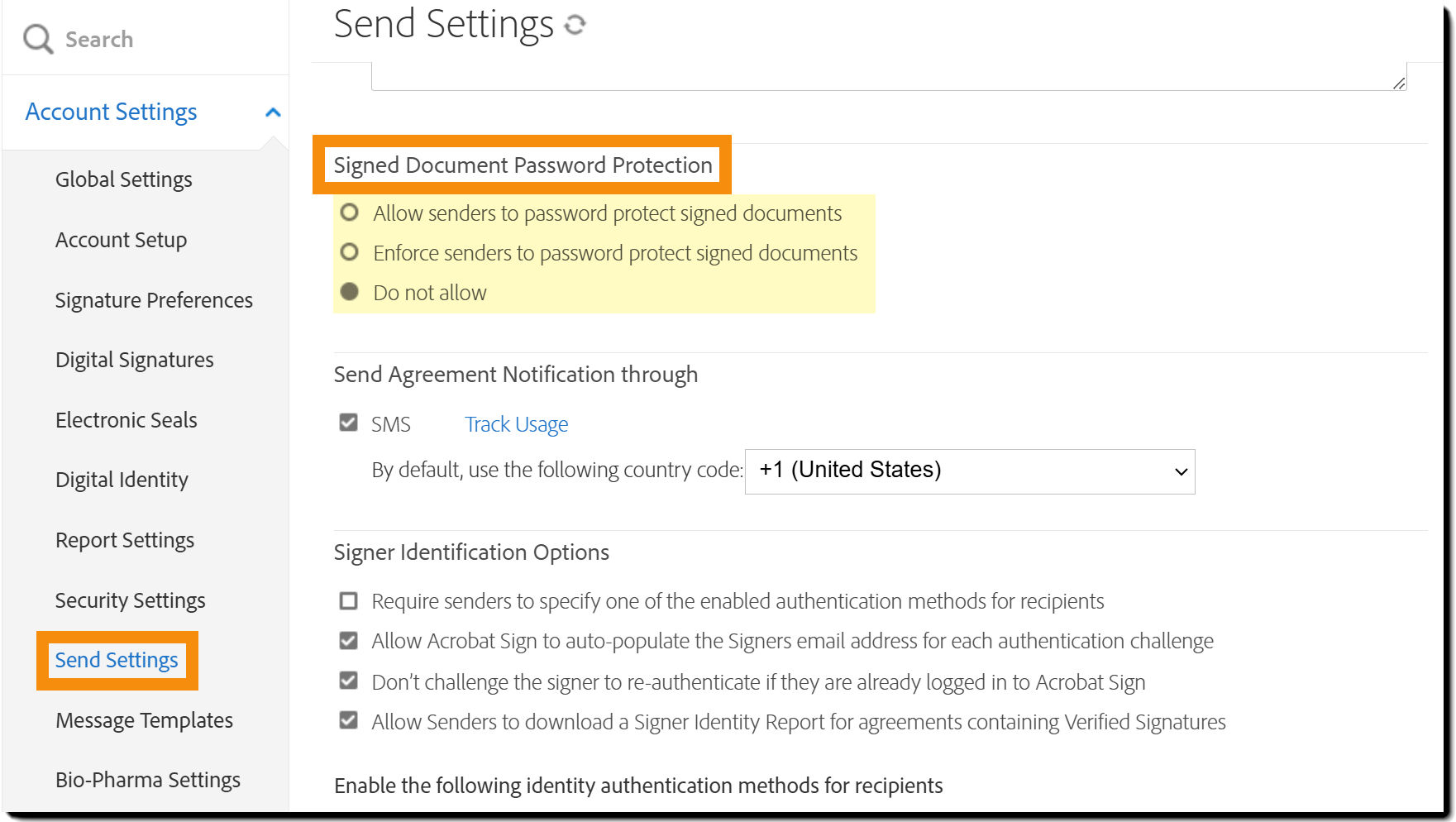 The Send Settings menu in the Admin Controls highlighting the Signed Document Password Protection controls.