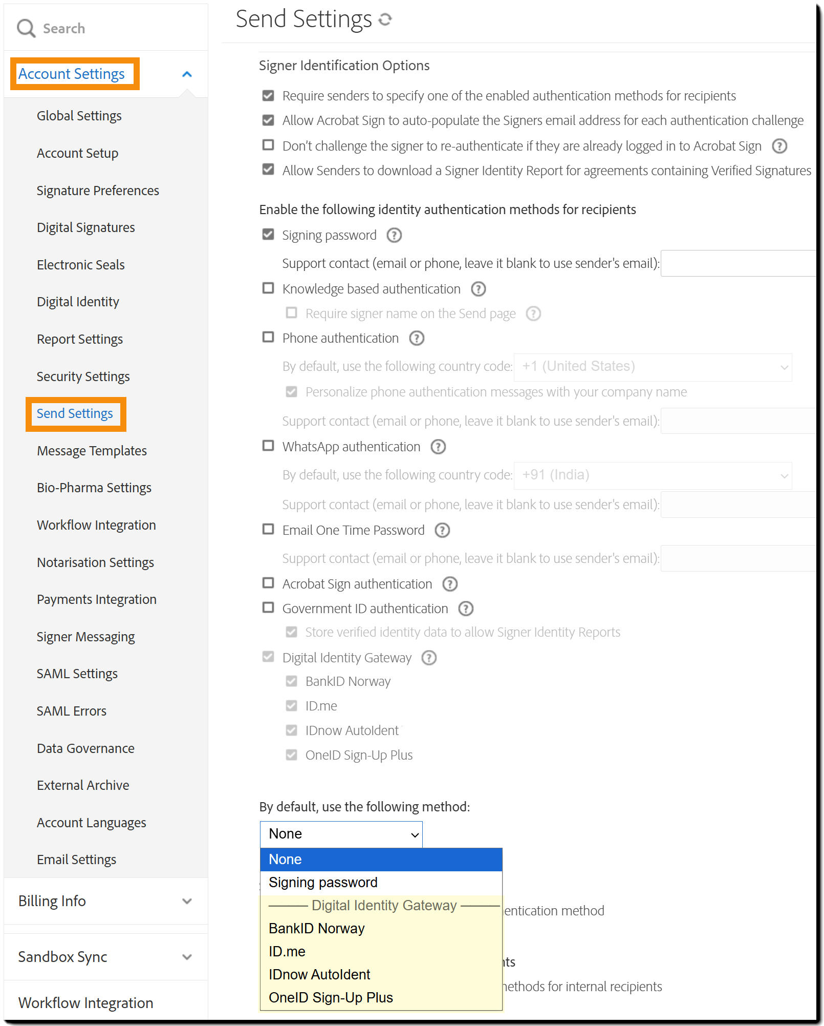 The Send Settings admin menu highlighting the "Digital Identity Authentication" menu.