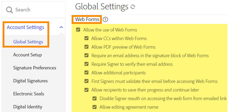 The Global Settings admin menu with the Web Form controls highlighted