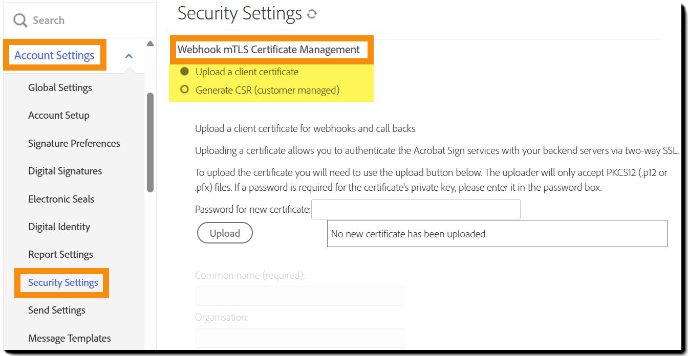 The "Security Setting" page with teh "Webhook mTLS Certificate Management" options highlighted.