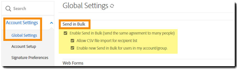 The Admin settings interfacce with teh Send in Bulk controls highlighted