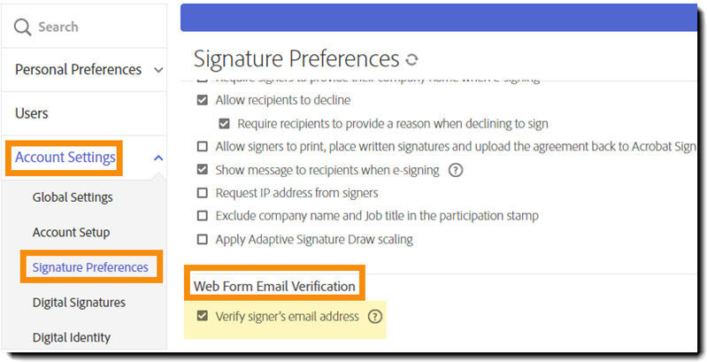 The Signature Preferences menu with the Web From Email Verification controls highlighted