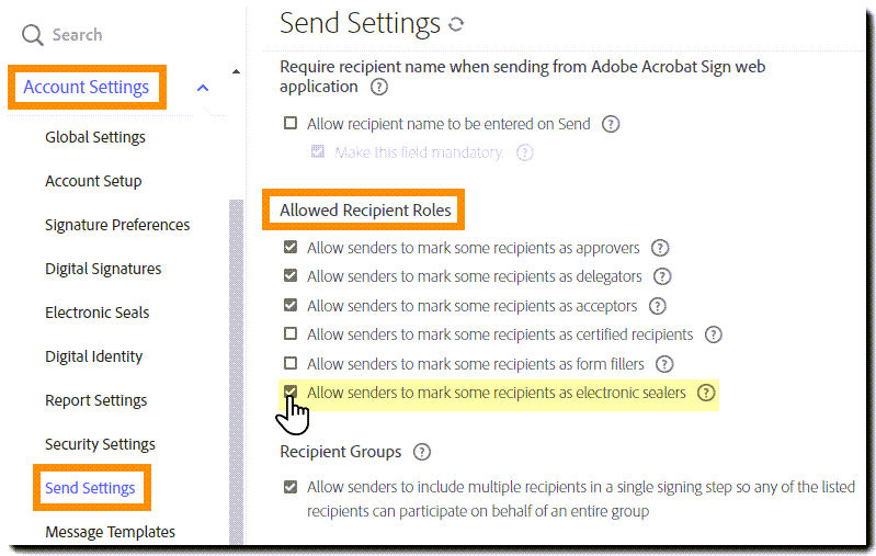 Navigate to the recipient roles controls