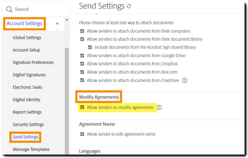 Navigate to the Modify Agreements controls