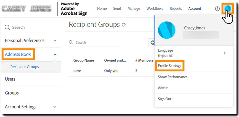 The Recipient Group page with the avatar menu open,  highlighting the Profile Settings option and the Address book menu