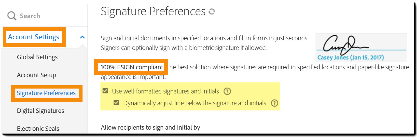 The Signature Preferences admin menu highlighting the well formatted controls.
