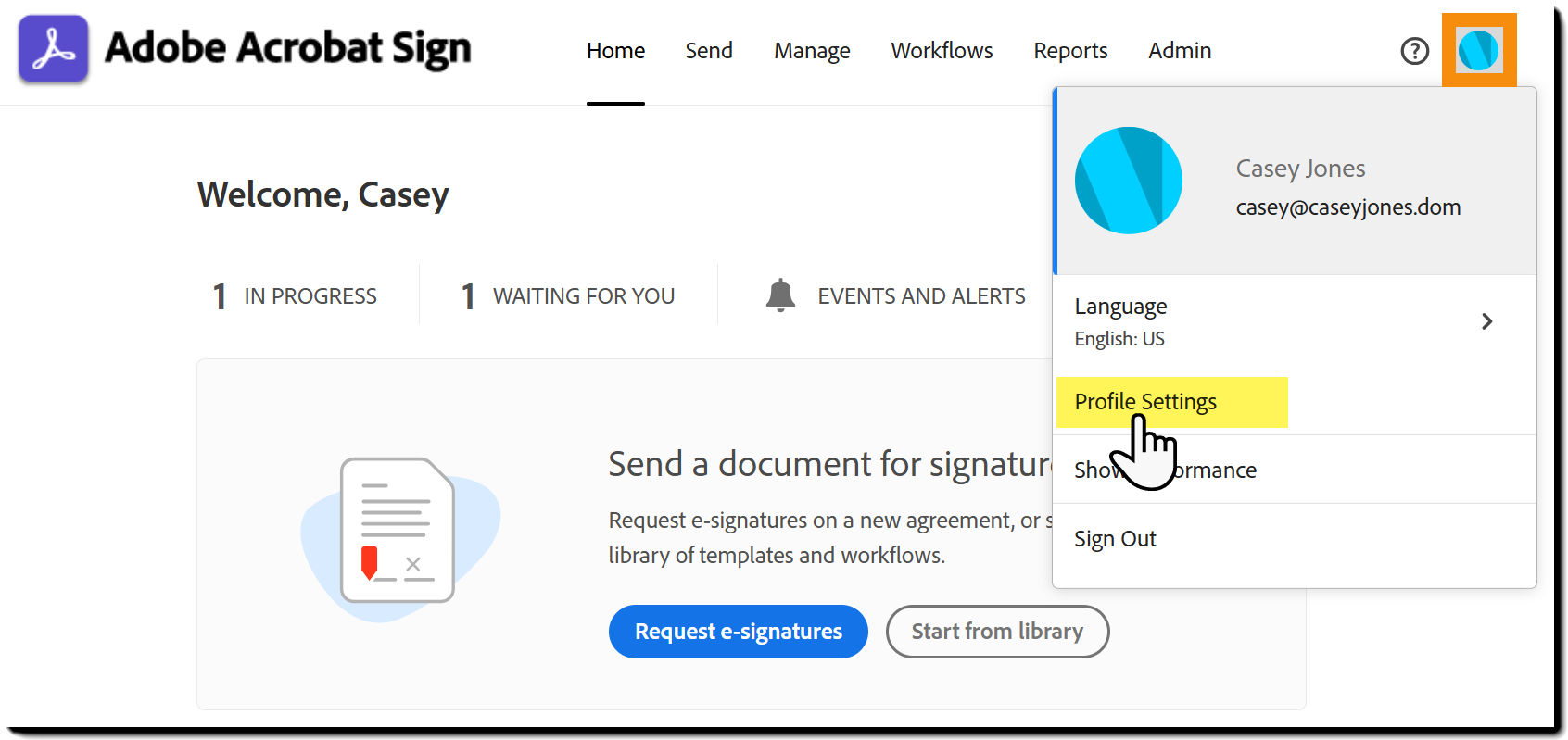 The Home page with the user icon expanded and the Profile Settings  option highlighted.