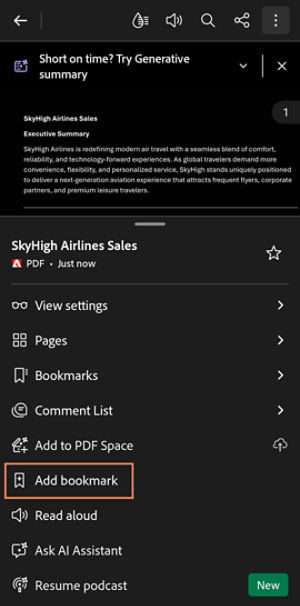 Navigation panel in Acrobat on Android showing PDF options including View settings, Pages, Bookmarks, Add to PDF Space, and highlighted Add bookmark action.