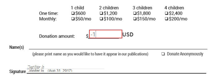 Recipient view of the payment field with a negative value