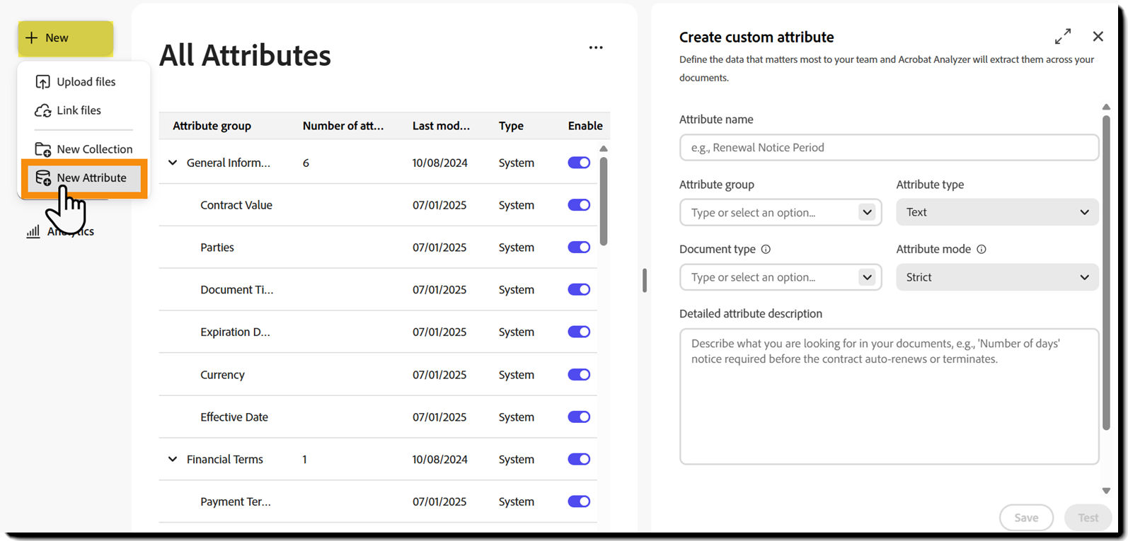 The Attributes page with the Create Attribute panel exposed