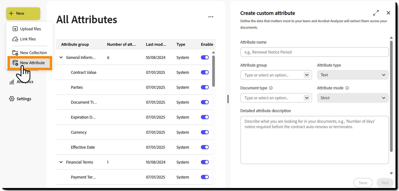 The Attributes page with the Create Attribute panel exposed