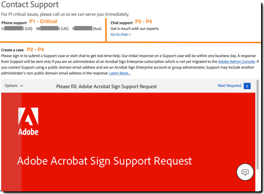 The Support contact information for the legacy Acrobat Sign portal.