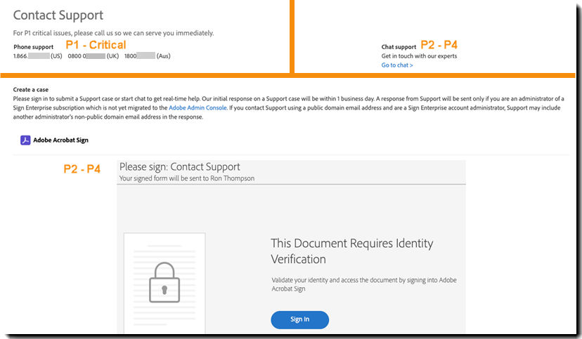 The Support contact information for the legacy Acrobat Sign portal.