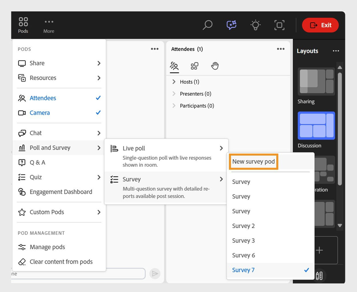 Pods menu showing the option for New Survey pod