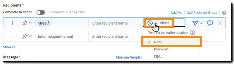 The classic Send page, highlighting the None authentication method