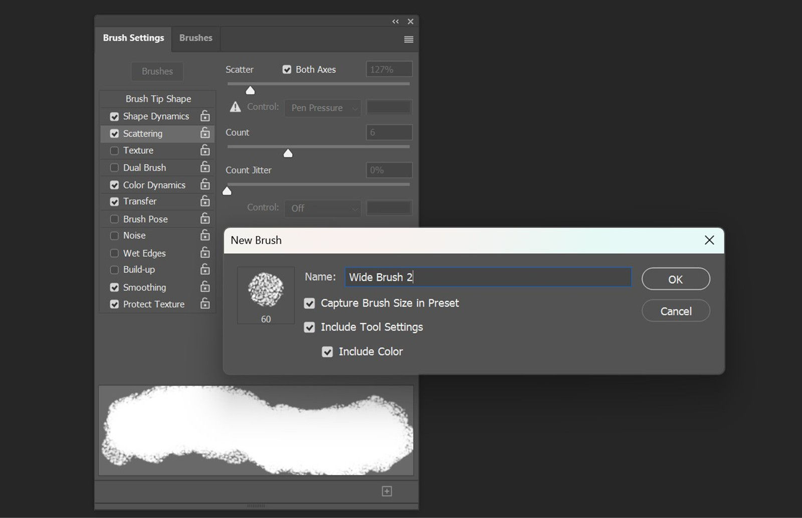 New Brush dialog box showing name field and options to include size, color, and tool settings, with Brush Settings behind.