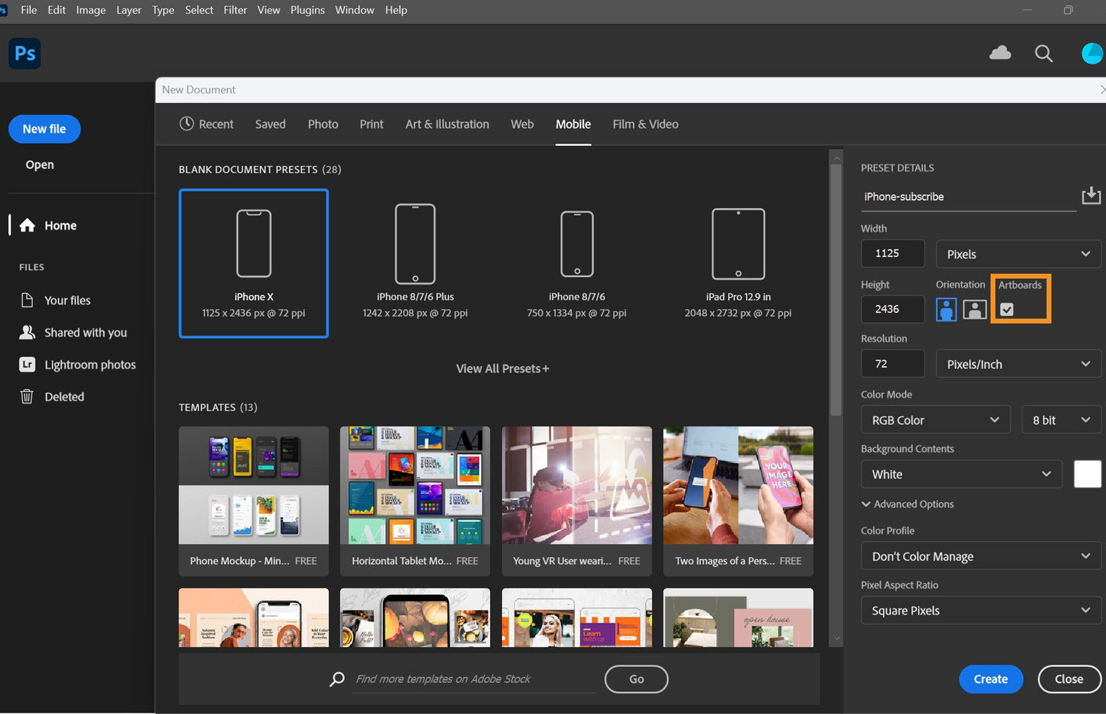 New Document dialog box in Photoshop with Artboards selected and Mobile preset applied.